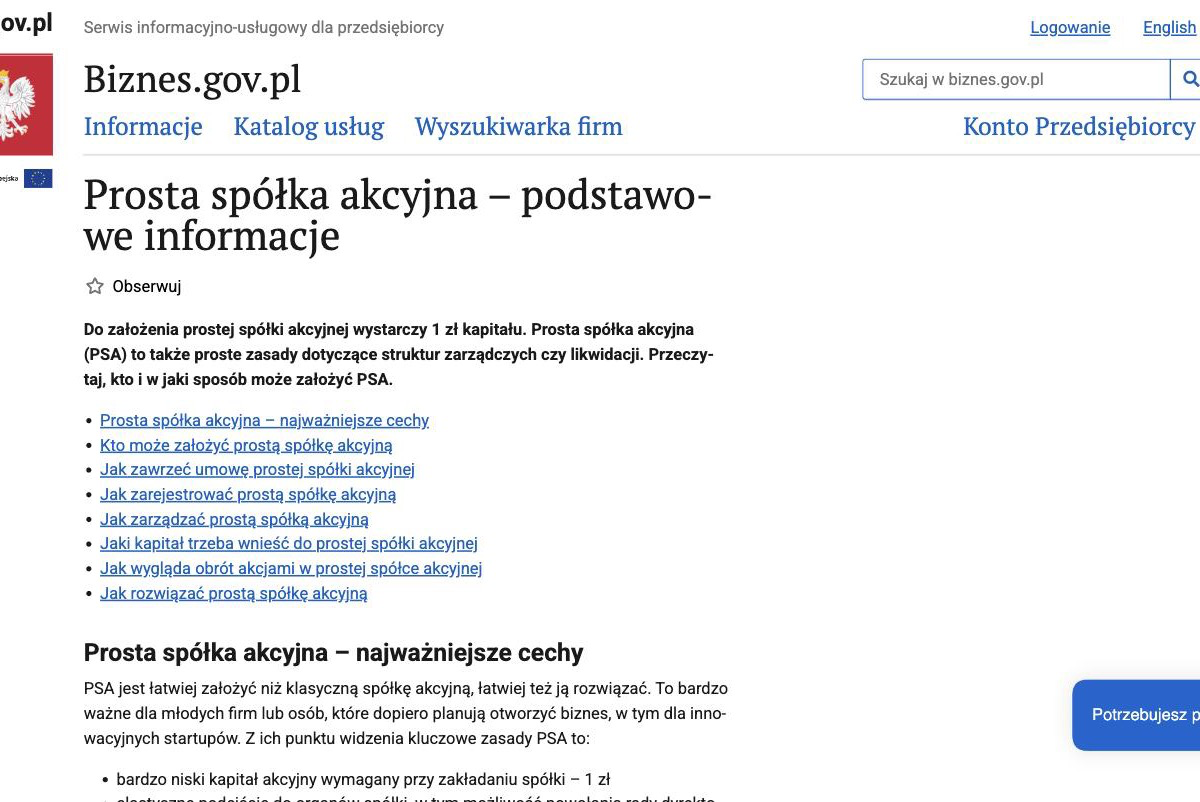 Poradnik o prostej spółce akcyjnej w serwisie Biznes.gov.pl z informacją, że do założenia PSA wystarczy 1 zł kapitału