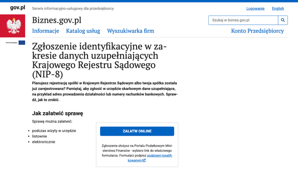 Strona usługi „Zgłoszenie NIP-8” na portalu biznes.gov.pl z opisem, kto składa zgłoszenie danych uzupełniających