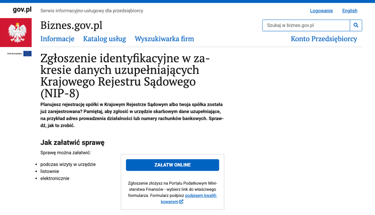 Strona usługi „Zgłoszenie NIP-8” na portalu biznes.gov.pl z opisem, kto składa zgłoszenie danych uzupełniających