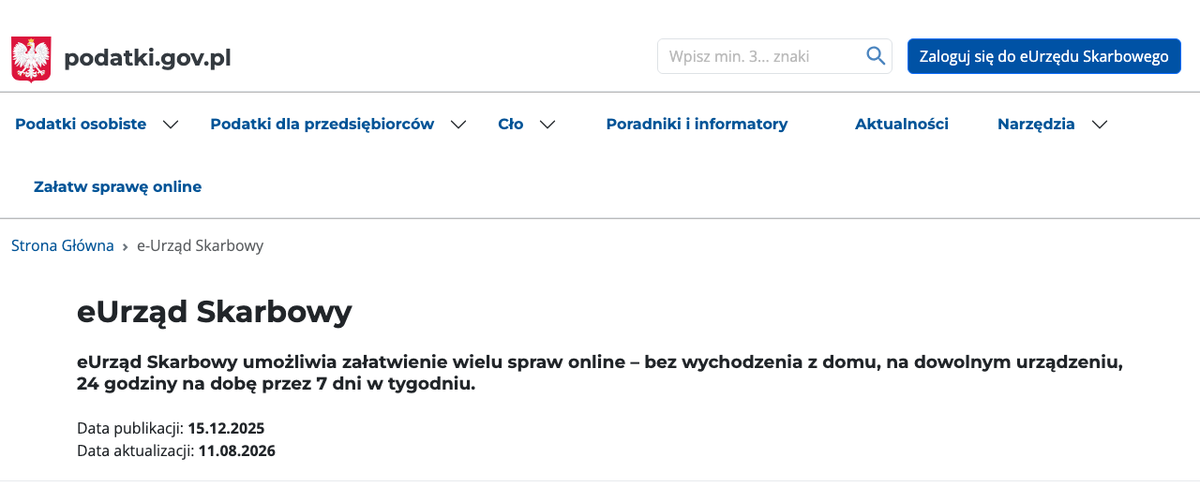 Strona startowa e-Urzędu Skarbowego na podatki.gov.pl z przyciskiem logowania