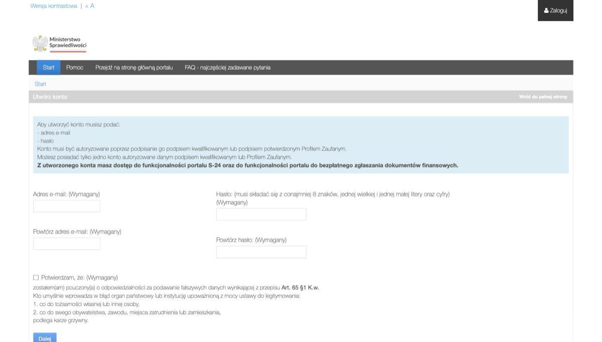 Formularz Utwórz konto w portalu S24 z polami adres e-mail i hasło oraz informacją o autoryzacji podpisem kwalifikowanym lub Profilem Zaufanym